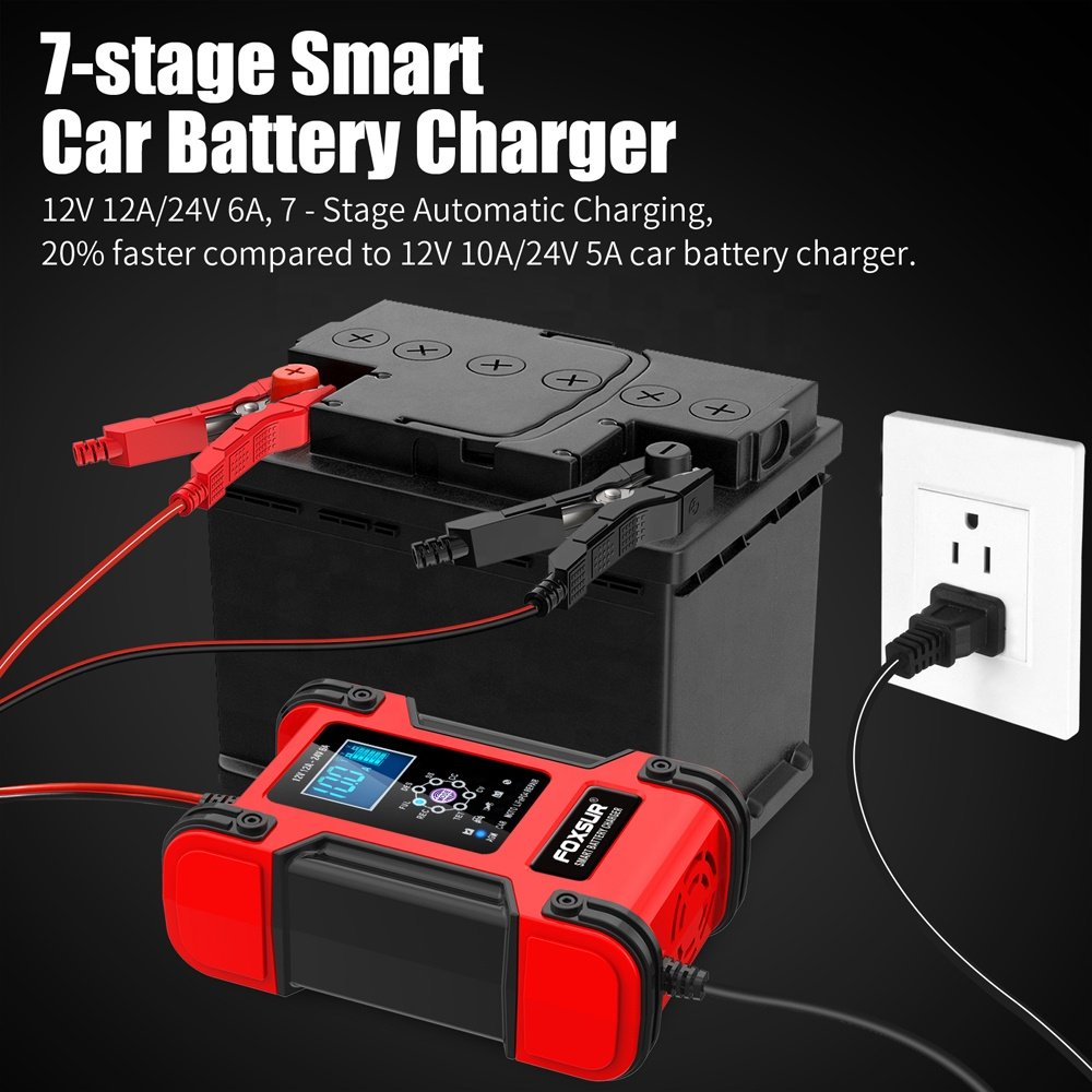 FOXSUR FBC122412D Smart 12V/12A 24V/6A Car Battery Charger Automobile Battery Voltage Tester