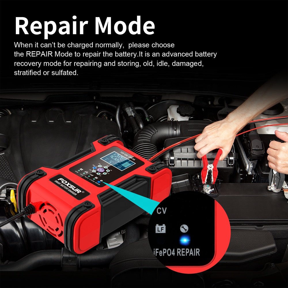 FOXSUR FBC122412D Smart 12V/12A 24V/6A Car Battery Charger Automobile Battery Voltage Tester