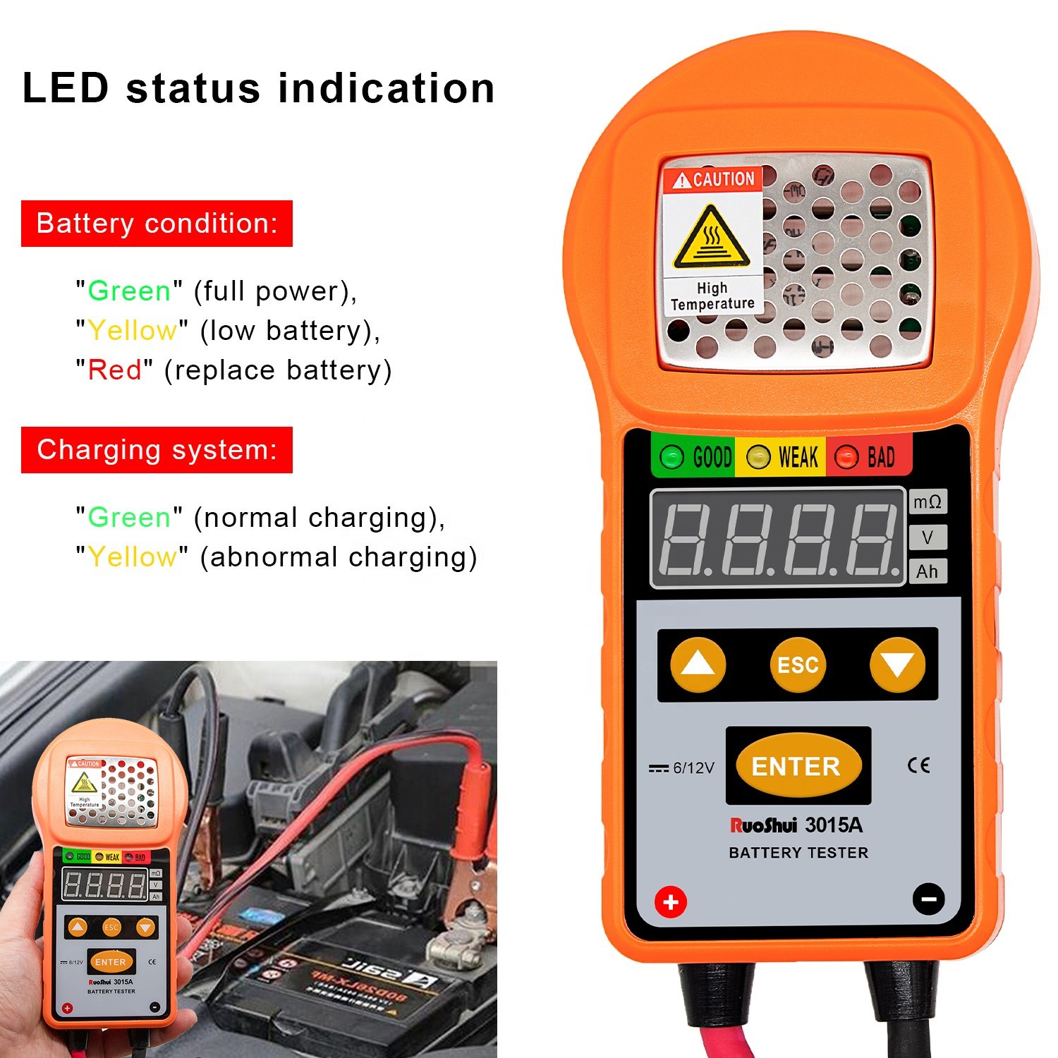 RuoShui 3015A RTS Battery Tester Battery Detector Meter Charger Analyzer 12V for Vehicle Voltage Test Charging Cricut Load Tools
