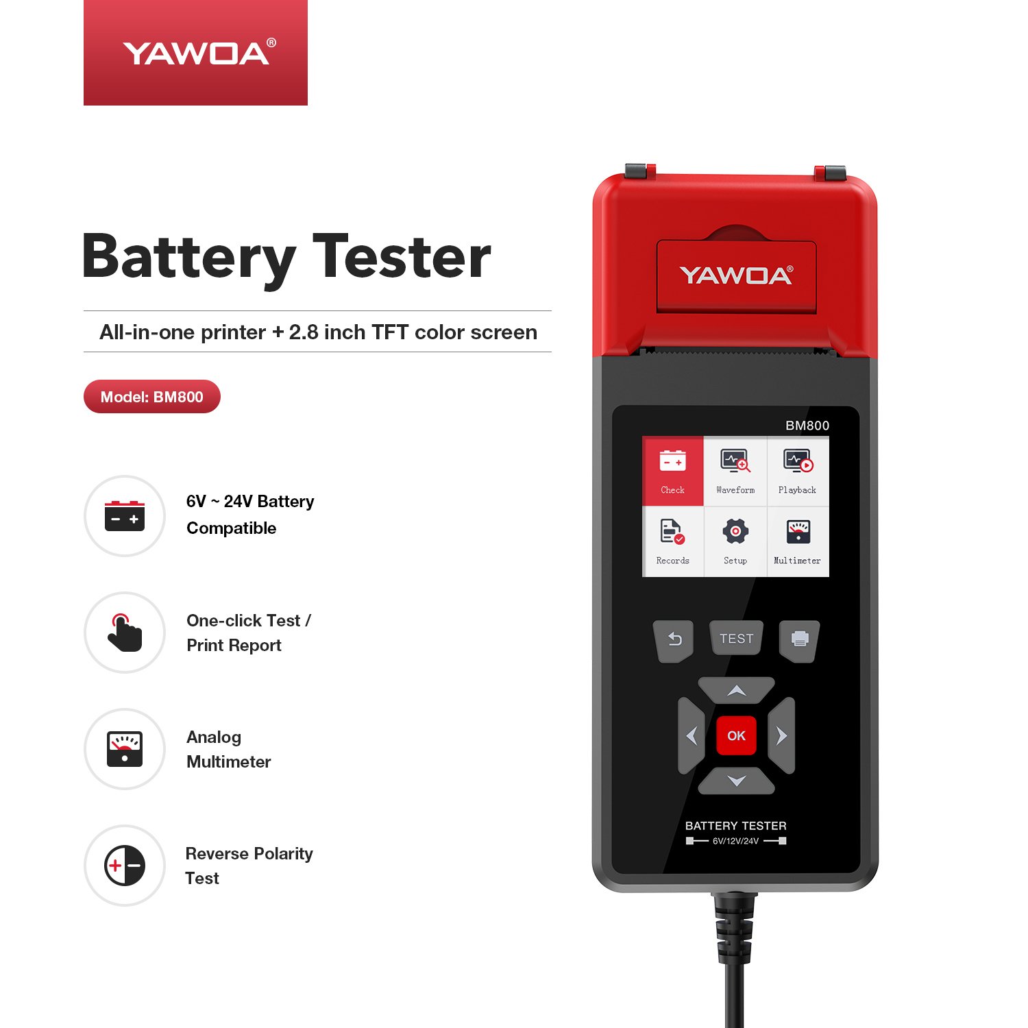 YAWOA BM800 Car Motorcycle Battery Tester 6V 12V 24V Voltage Charger Analyzer With Printing Function car scanner diagnostic tool