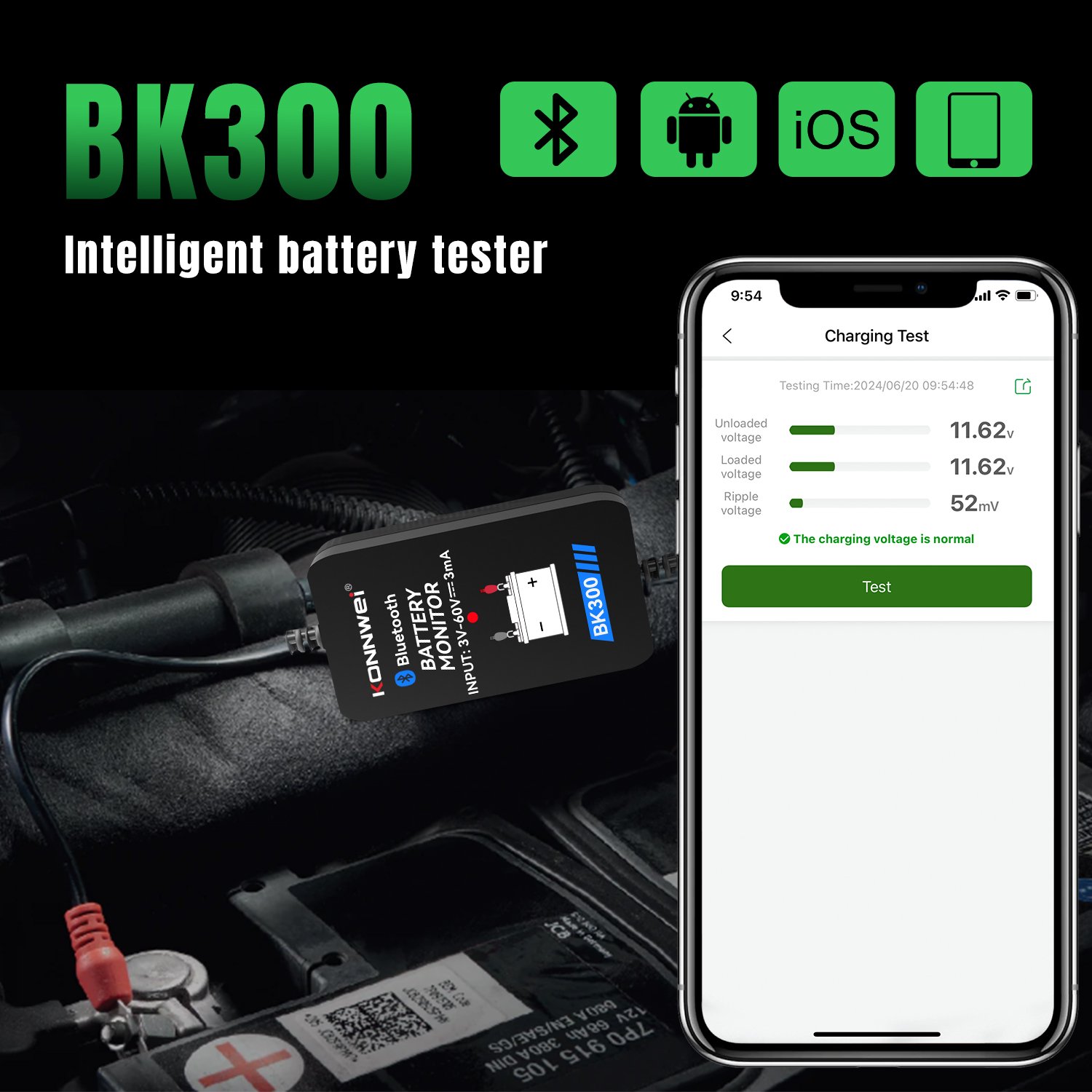Universal automotive tools car battery diagnostic machine for all cars 12v Car Battery Konnwei bk300 Bluetooth Battery Monitor