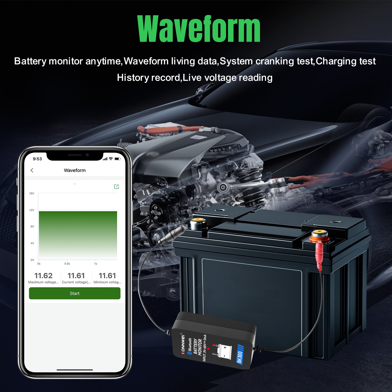 Universal automotive tools car battery diagnostic machine for all cars 12v Car Battery Konnwei bk300 Bluetooth Battery Monitor