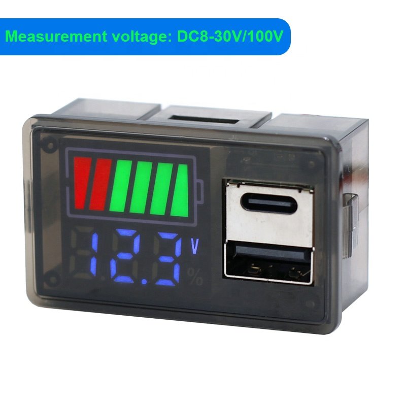 DC8-100V DC8-30V Battery Capacity Indicator USB Type-C LED Digital Car Voltmeter Lithium Lead-acid Battery Charge Level Tester
