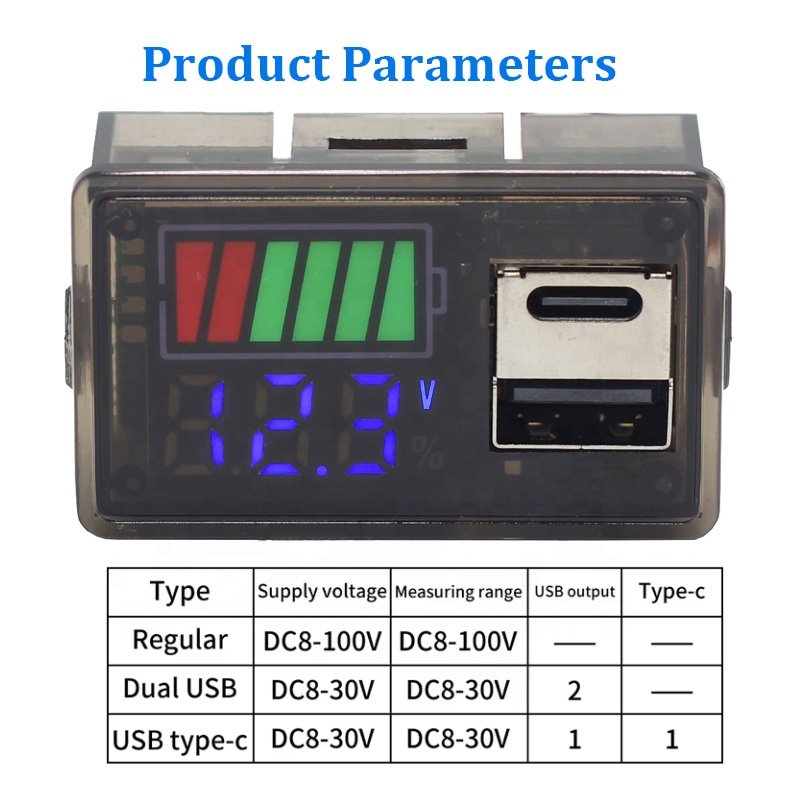 DC8-100V DC8-30V Battery Capacity Indicator USB Type-C LED Digital Car Voltmeter Lithium Lead-acid Battery Charge Level Tester