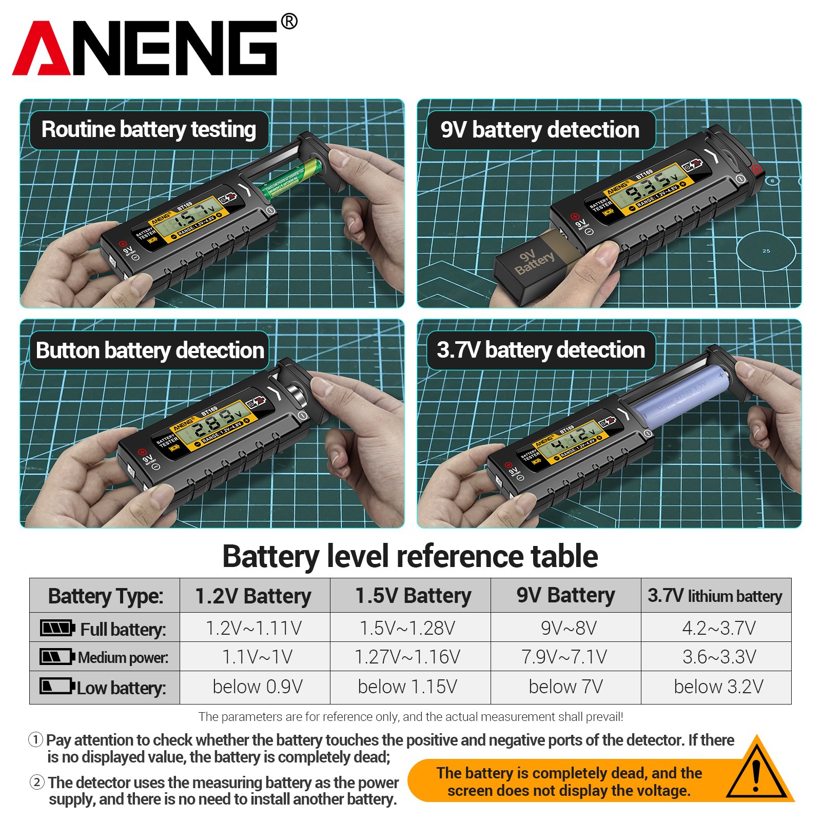 ANENG BT169 Battery Tester Digital Display Screen MultipleMeasurements No power required Portable ABS Plastic Tester Tools