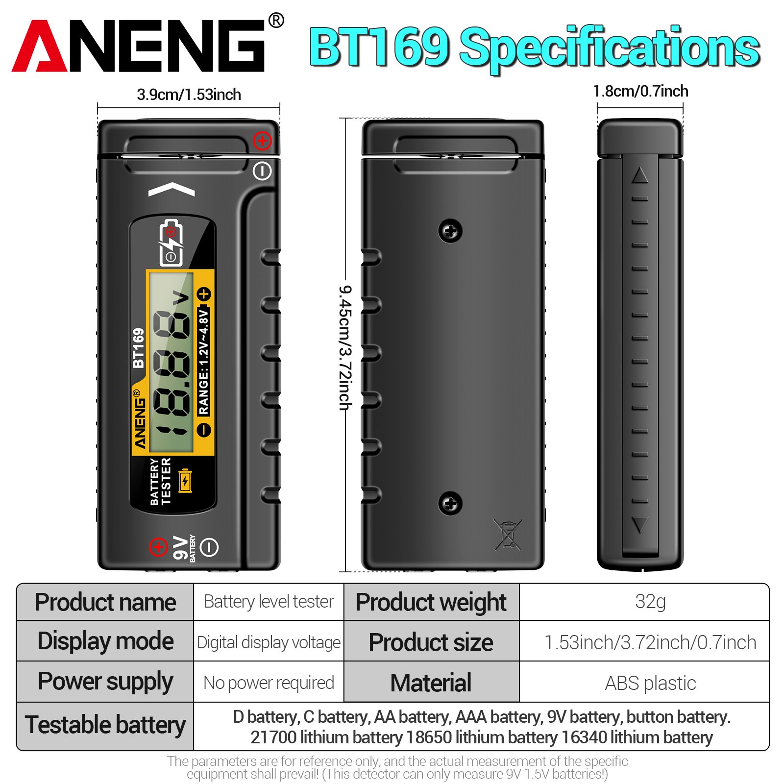 ANENG BT169 Battery Tester Digital Display Screen MultipleMeasurements No power required Portable ABS Plastic Tester Tools