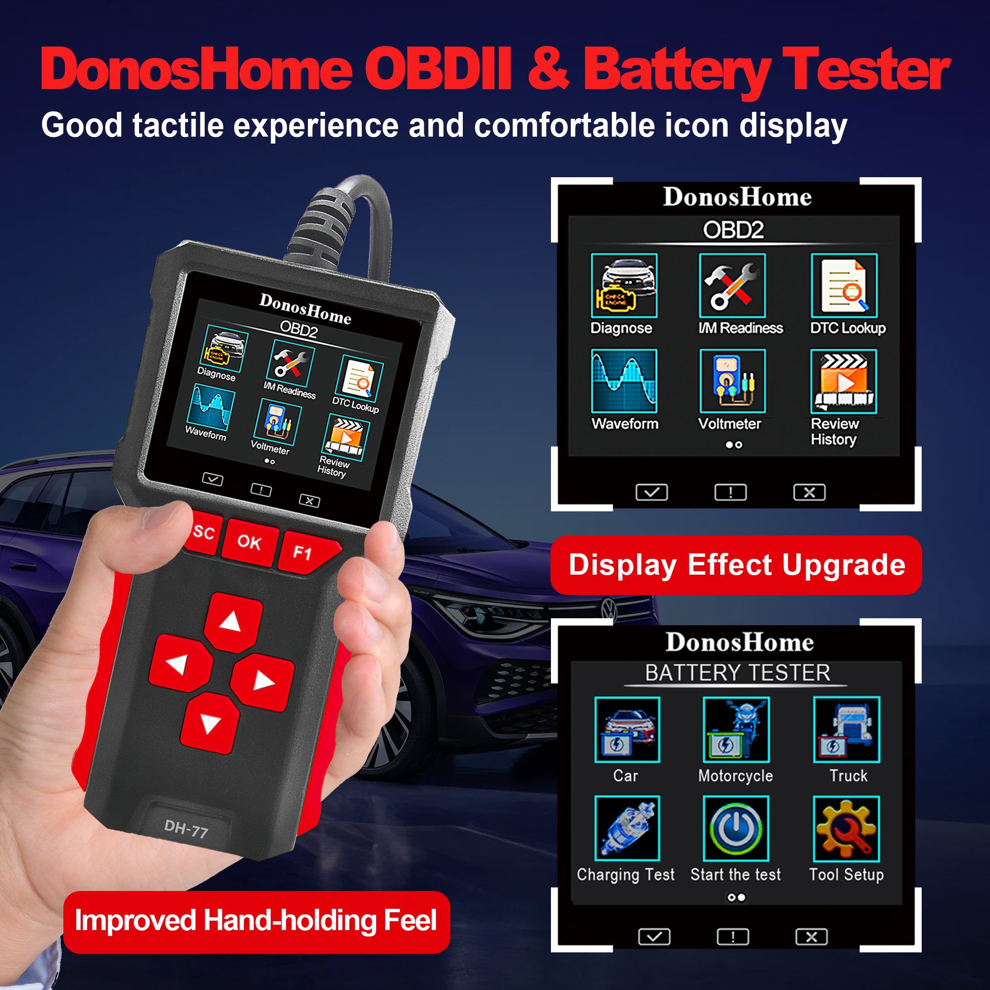 OBD2 Scanner & Battery Tester 2 in 1 EOBD Diagnostic Tool Engine Code Reader EVAP DTC On-Board Monitoring Test Charging Test