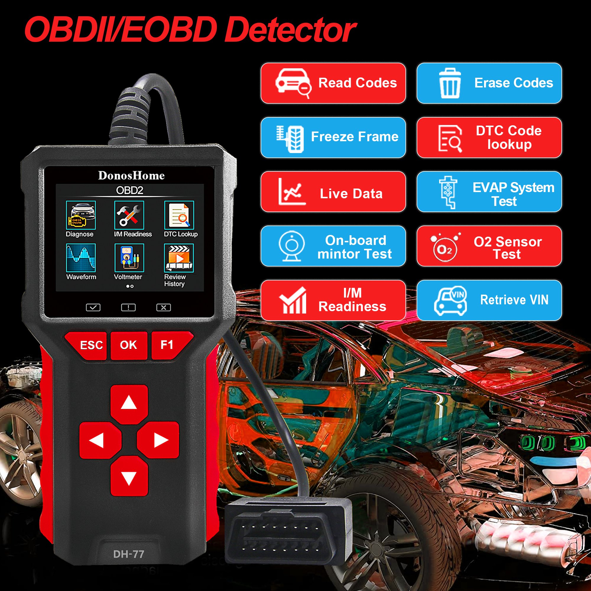 OBD2 Scanner & Battery Tester 2 in 1 EOBD Diagnostic Tool Engine Code Reader EVAP DTC On-Board Monitoring Test Charging Test