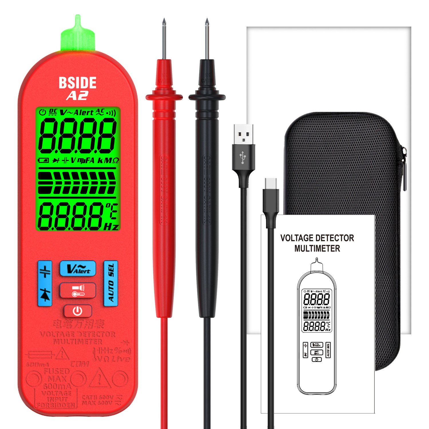 A2 USB Charge Multimeter Digital Auto Range AC DC Current Voltage Tester True RMS Capacitance Temp Ohm Diode for BSIDE A2
