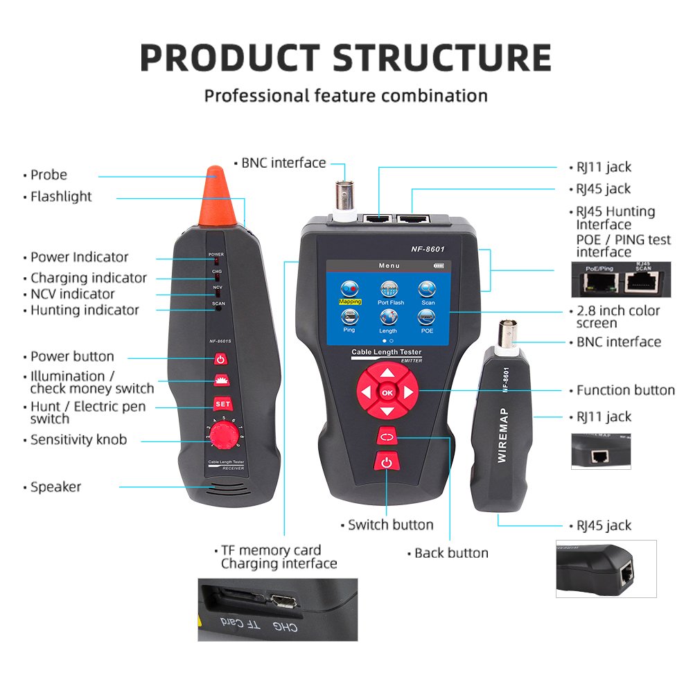 NF-8601 Multi-functional LAN Network Cable Tester for RJ45 11 BNC POE wire tracker with function Noyafa