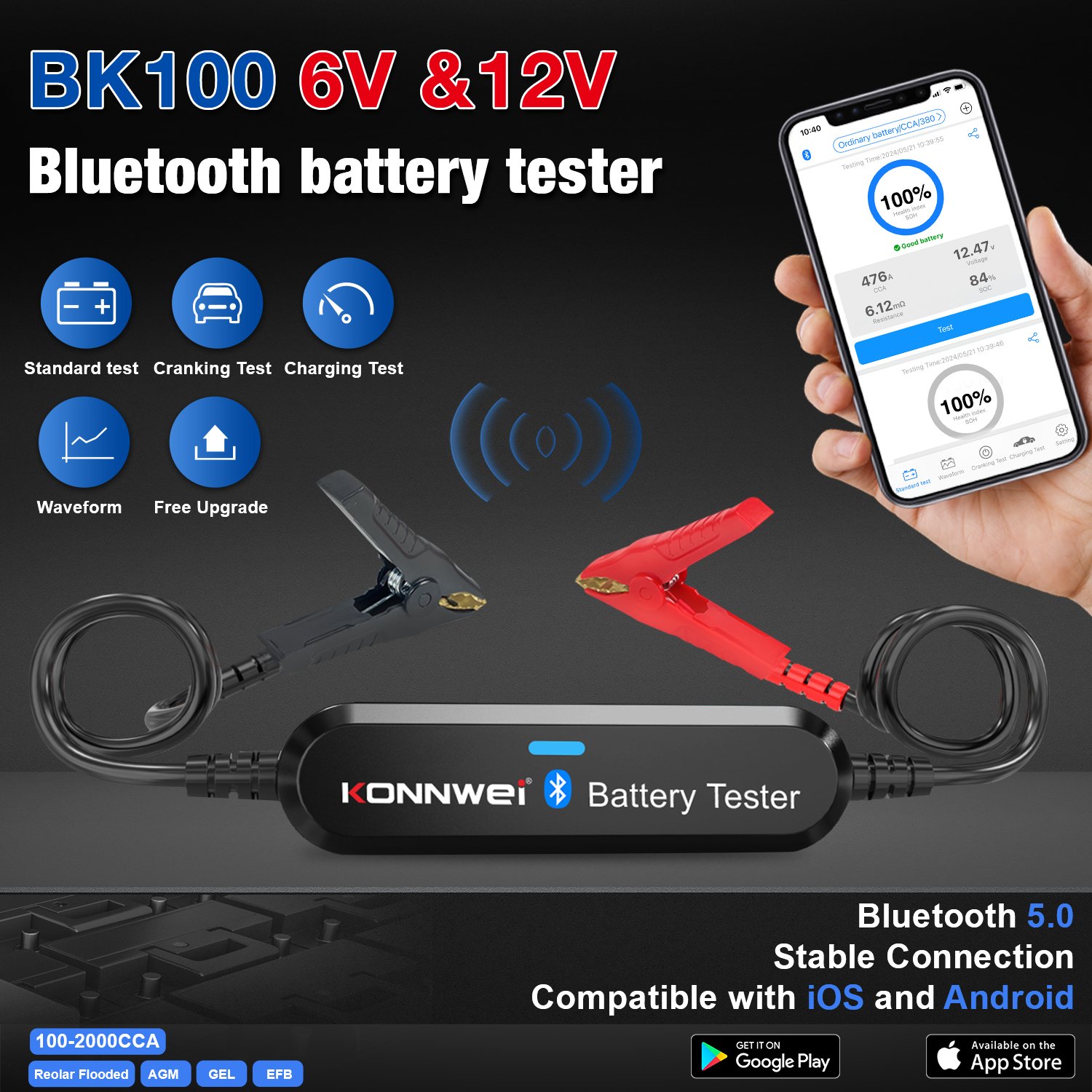 6V 12V Car Battery 100-2000 CCA Tester KONNWEI Bluetooth Auto Digital Battery Analyzer BK100 Bluetooth Test Tool for Car Battery