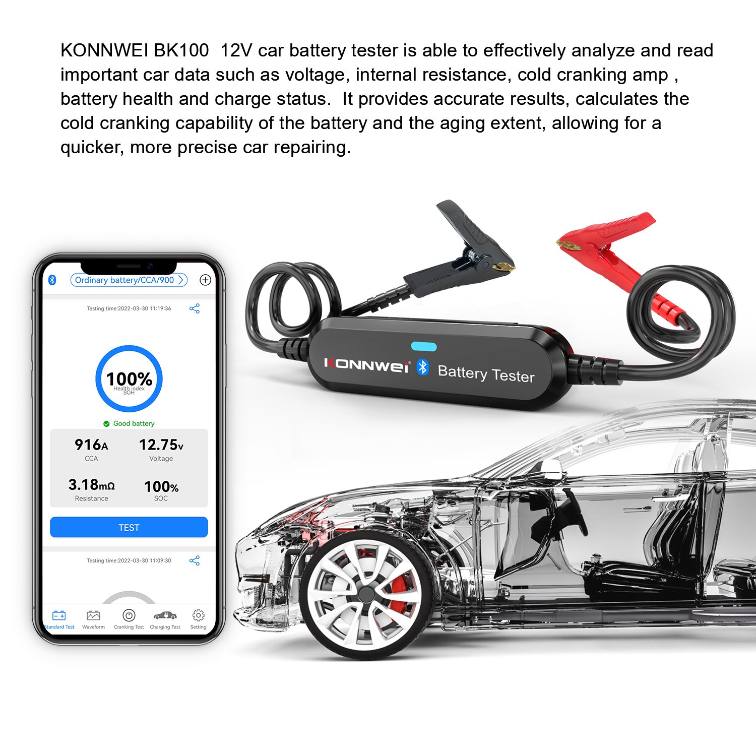 6V 12V Car Battery 100-2000 CCA Tester KONNWEI Bluetooth Auto Digital Battery Analyzer BK100 Bluetooth Test Tool for Car Battery