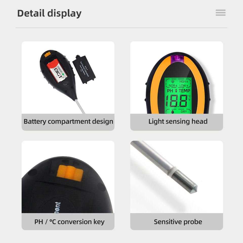 Hot Sale 4 in 1 Soil Meter Tester, Soil Survey Instrument, Soil PH Moisture Temperature Sunlight Test Pen with Backlight