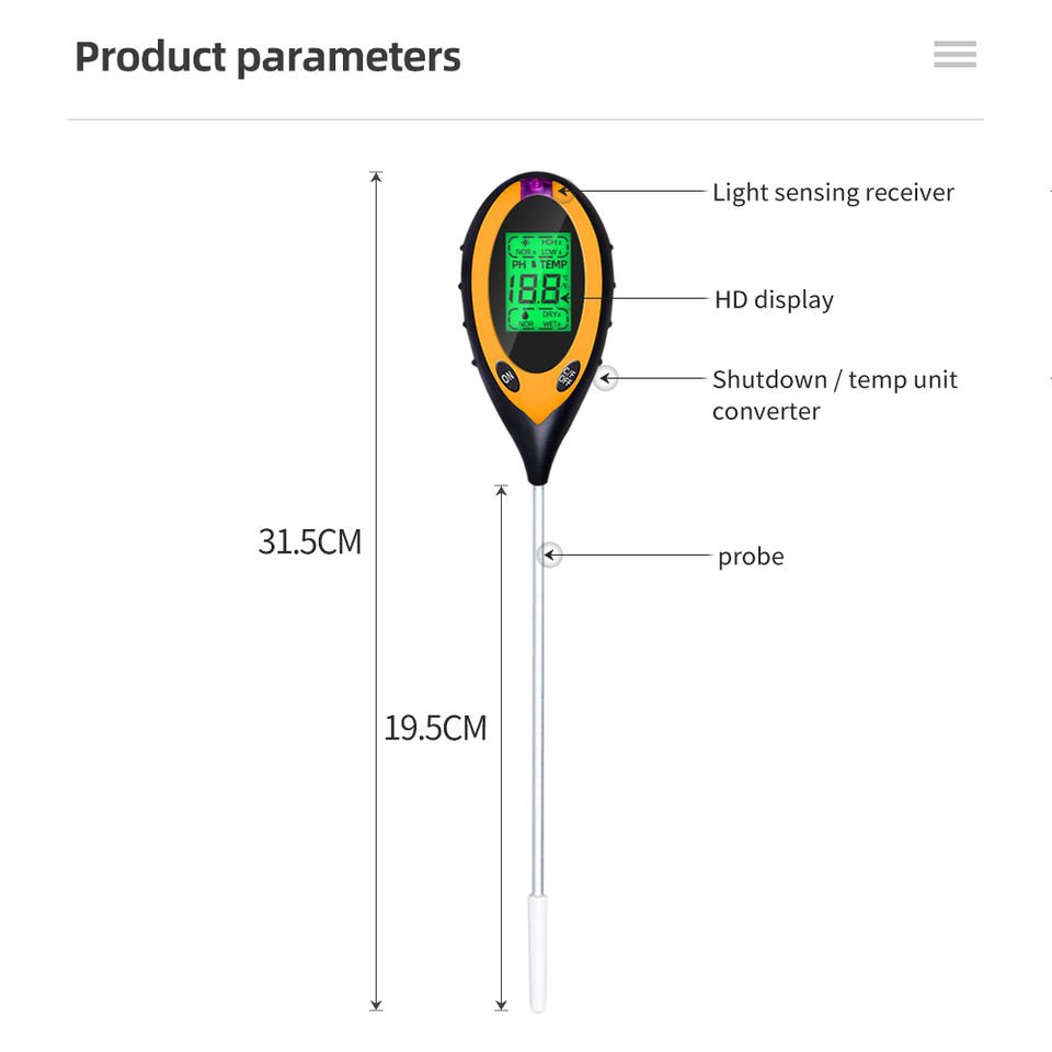 Hot Sale 4 in 1 Soil Meter Tester, Soil Survey Instrument, Soil PH Moisture Temperature Sunlight Test Pen with Backlight