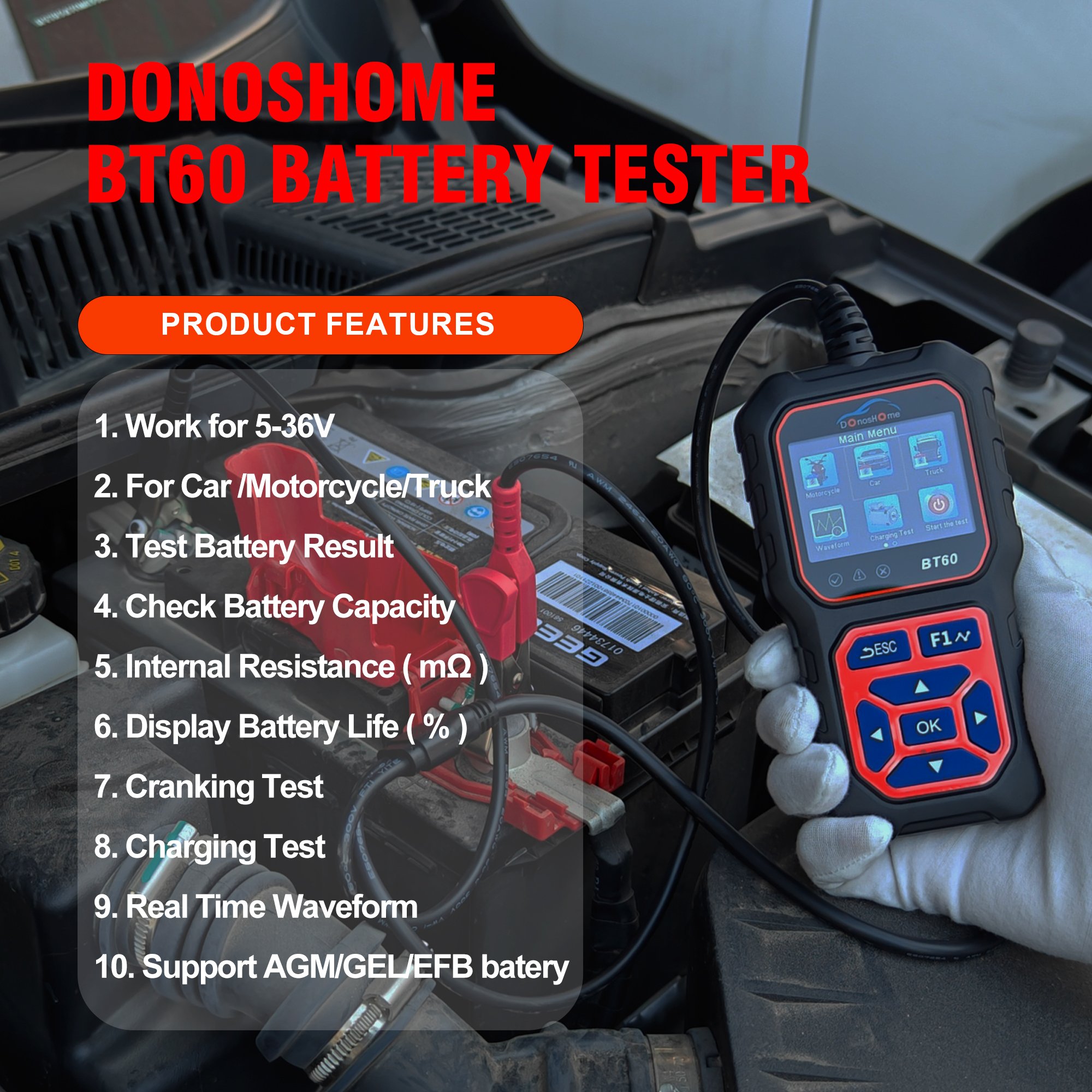 2-in-1 Battery Tester, 5V-36V 100-3000 CCA, Battery Load Tester, Alternator Tester, Charging Cranking System Tester