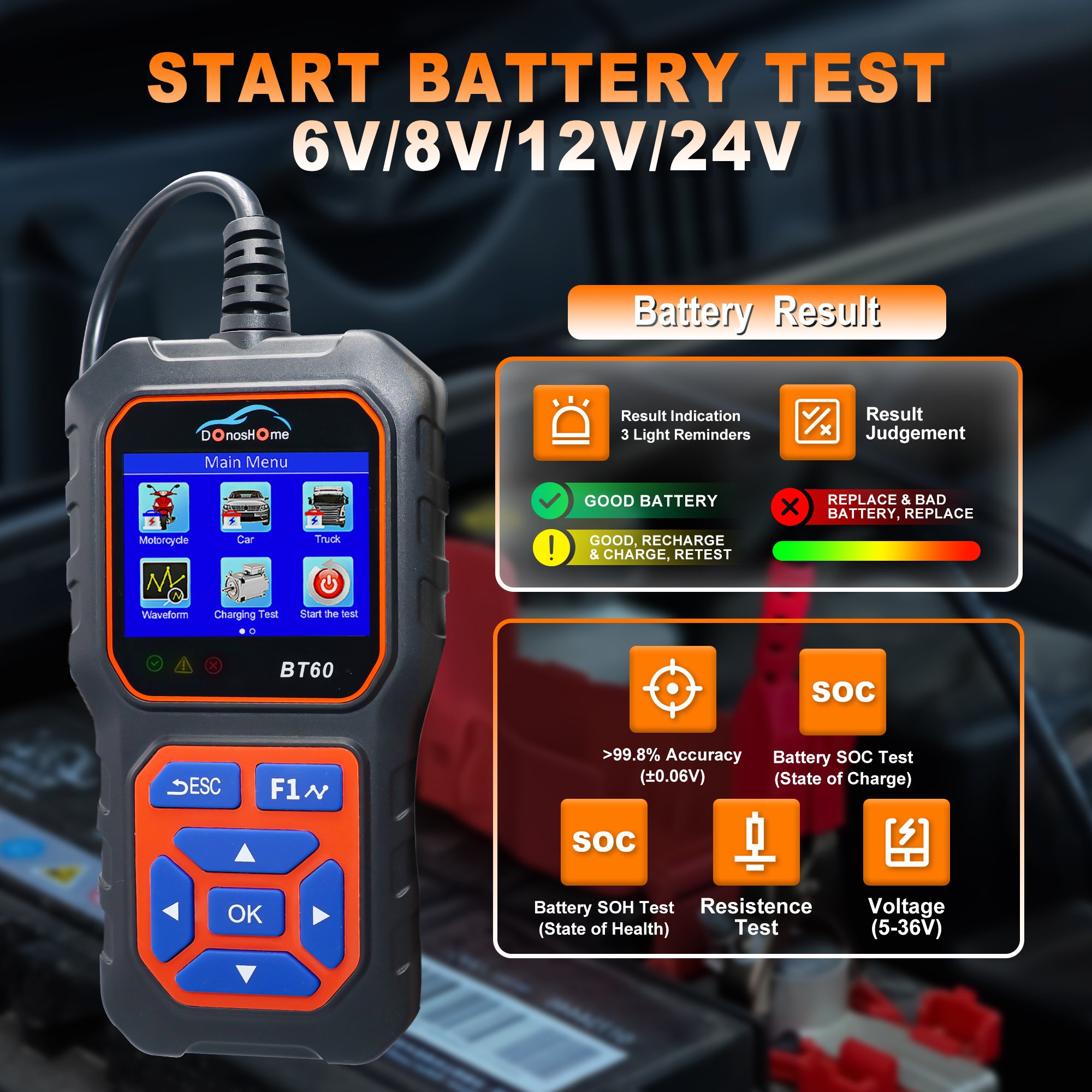 2-in-1 Battery Tester, 5V-36V 100-3000 CCA, Battery Load Tester, Alternator Tester, Charging Cranking System Tester