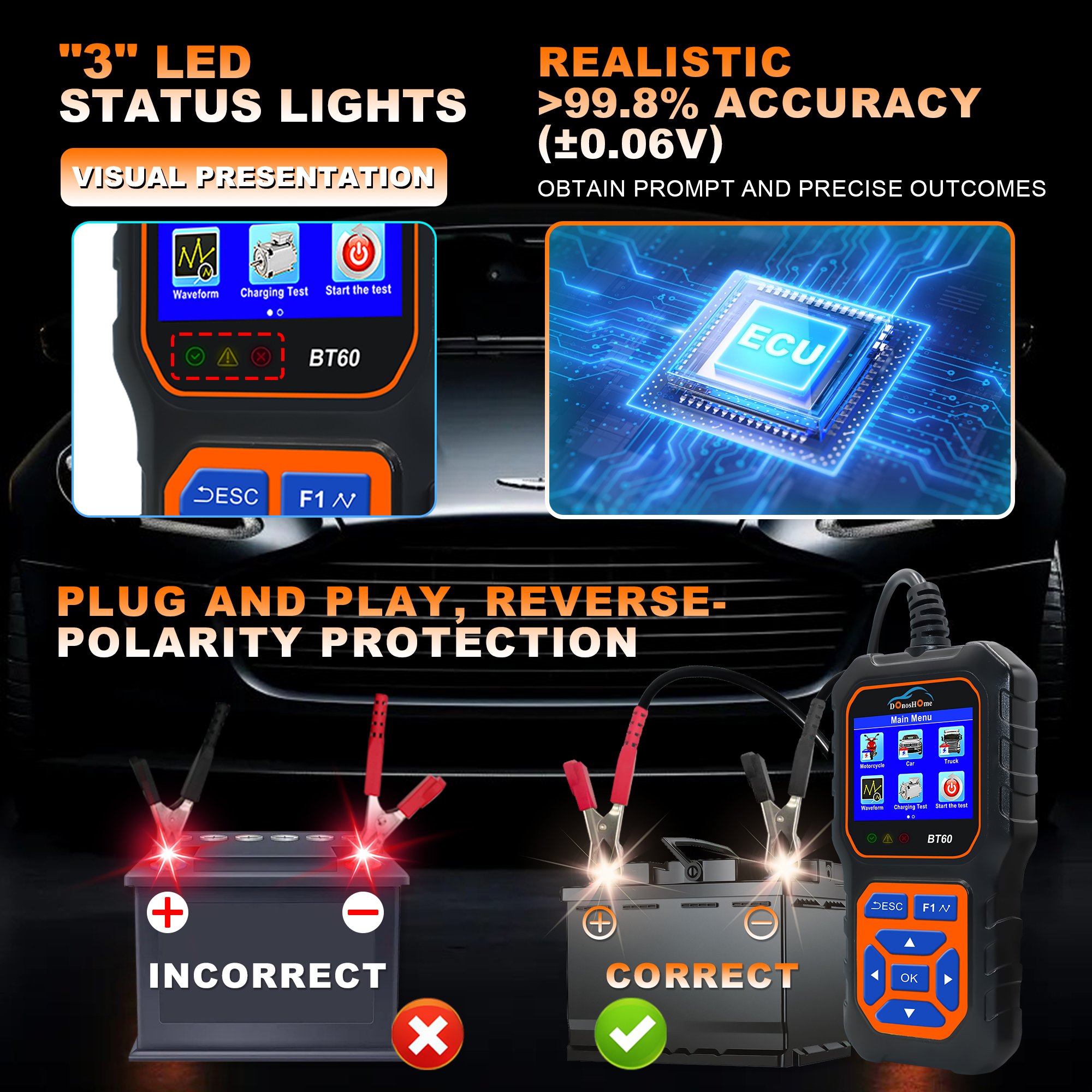 2-in-1 Battery Tester, 5V-36V 100-3000 CCA, Battery Load Tester, Alternator Tester, Charging Cranking System Tester