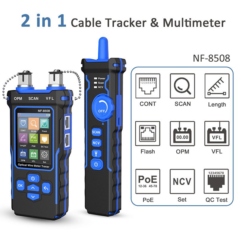 9 in 1 NF-8508 Network Cable Tester Optical Wire Tracer Optical Fiber Power Meter NCV Li-ion Battery USB Charge LED Light