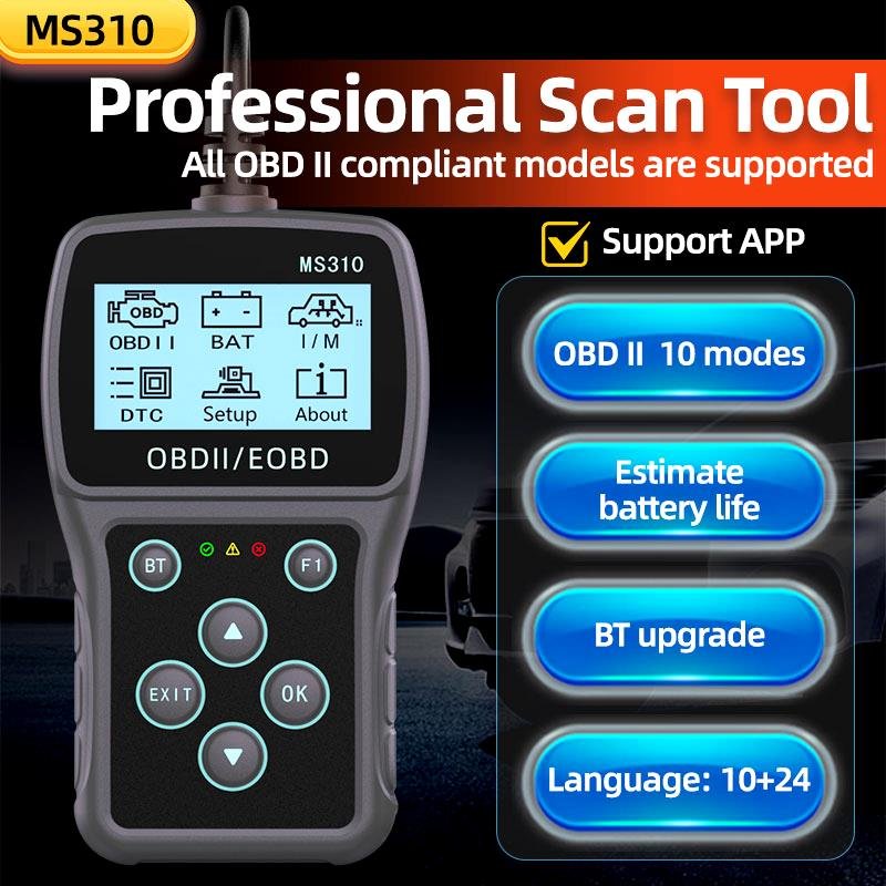 MS310 BT OBD2 EOBD Scanner Car Diagnostic Tool Engine Diagnosis Battery Tester Full System Scanner for OBD 2 Protocol Cars