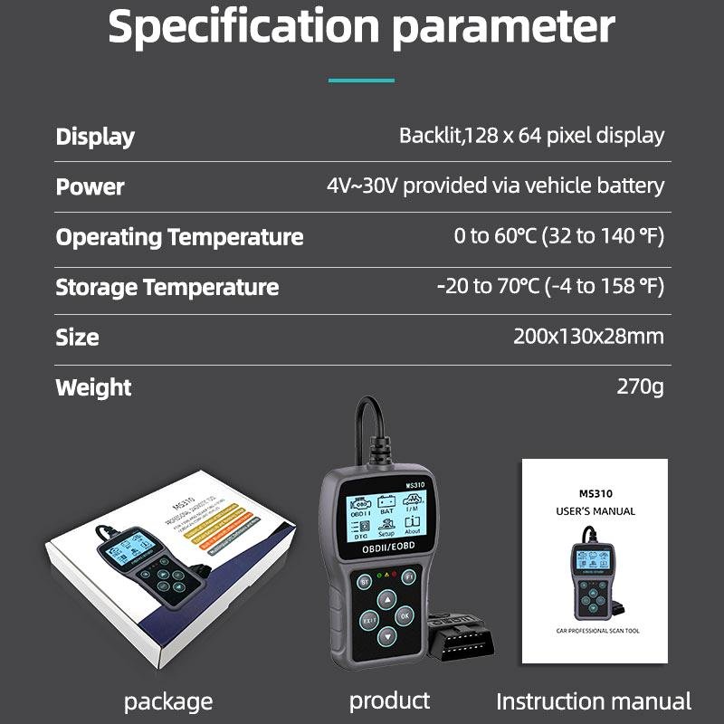 MS310 BT OBD2 EOBD Scanner Car Diagnostic Tool Engine Diagnosis Battery Tester Full System Scanner for OBD 2 Protocol Cars