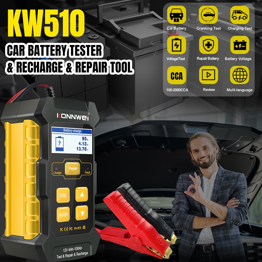Vehicle Start Battery Testing Machine Car Battery Tester 12V 5A Battery Charger Pulse Repair Tool KONNWEI KW510