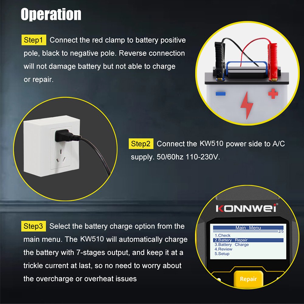Vehicle Start Battery Testing Machine Car Battery Tester 12V 5A Battery Charger Pulse Repair Tool KONNWEI KW510