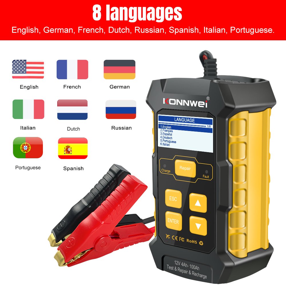 Vehicle Start Battery Testing Machine Car Battery Tester 12V 5A Battery Charger Pulse Repair Tool KONNWEI KW510