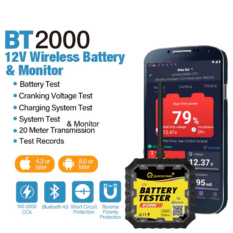 Quicklynks Car Battery Tester BT2000 Automotive 12V Scanner Bluetooths 4.0 Battery Monitor For All Car