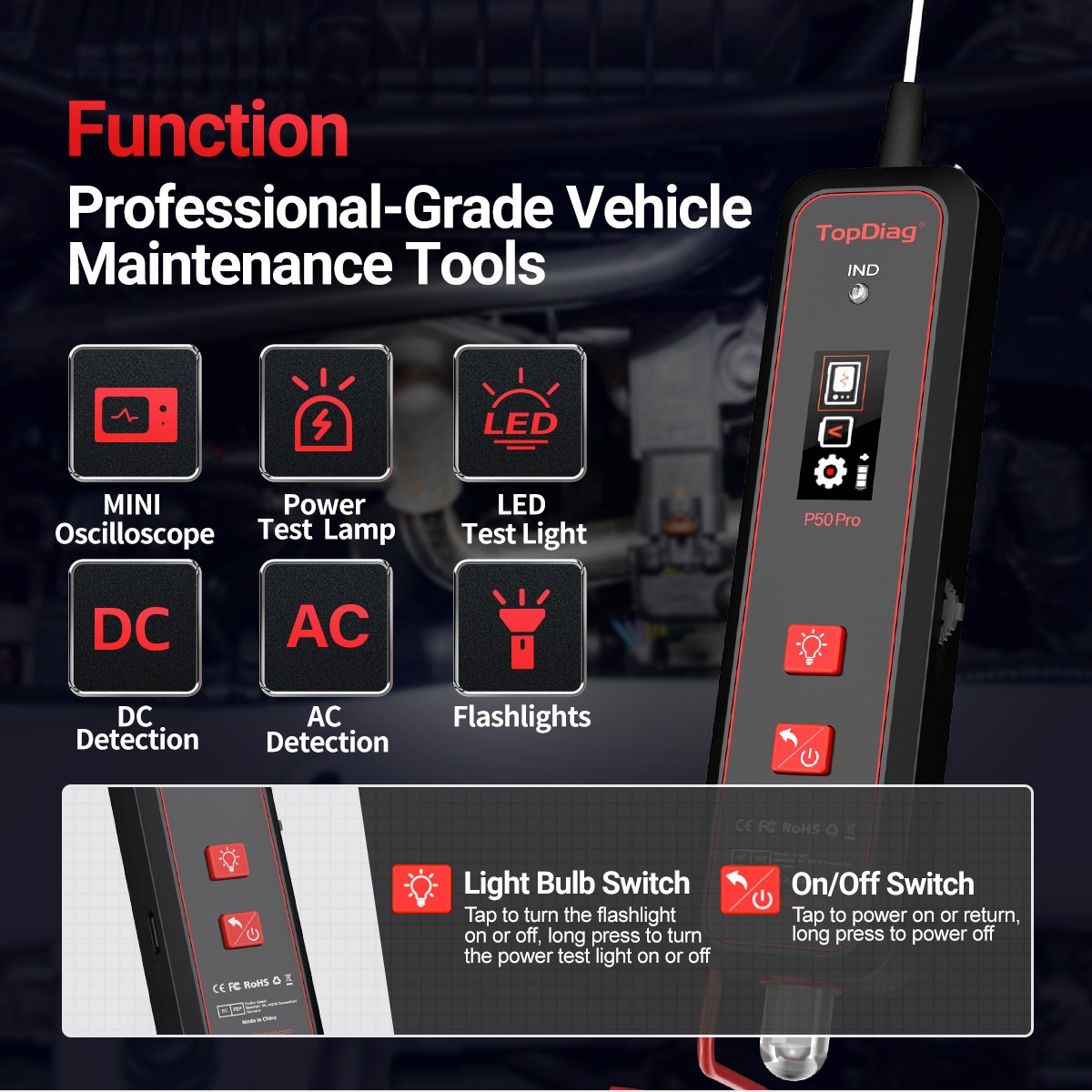 New arrivals Topdiag P50Pro Multifunctional MINI Oscilloscope Automotive Circuit Tester DC 0-45V Vehicles light voltage tester