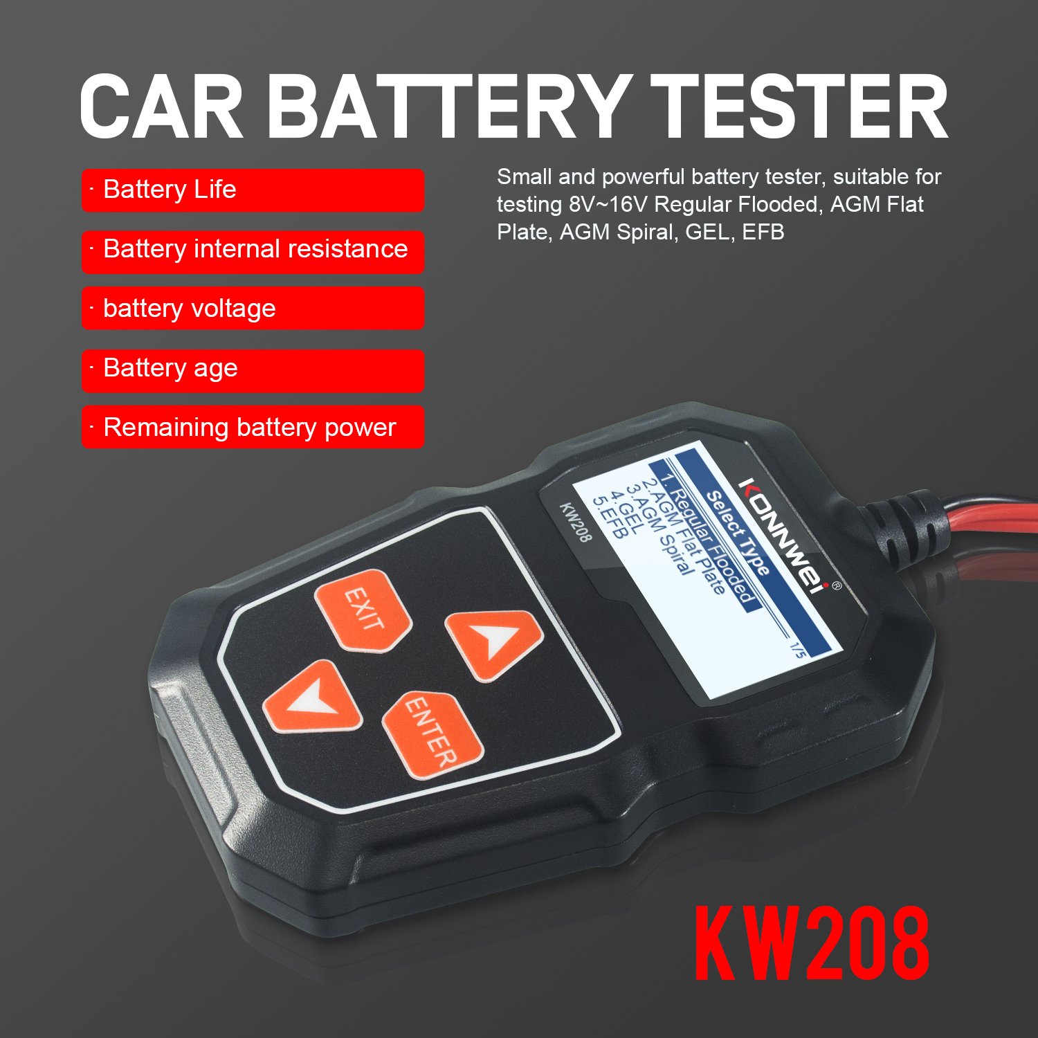 KONNWEI KW208 Car Battery Tool Detector 12V 100 to 2000CCA Gasoline Oil Vehicles Hybrid Electric Car Battery Tester Analyzer
