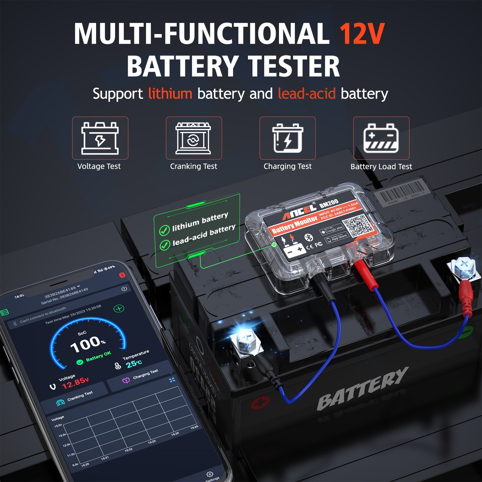 ANCEL BM200 PRO Automotive Display Battery Charging 12V Digital Battery Health Monitor Cranking Voltage Test Car Battery Tester