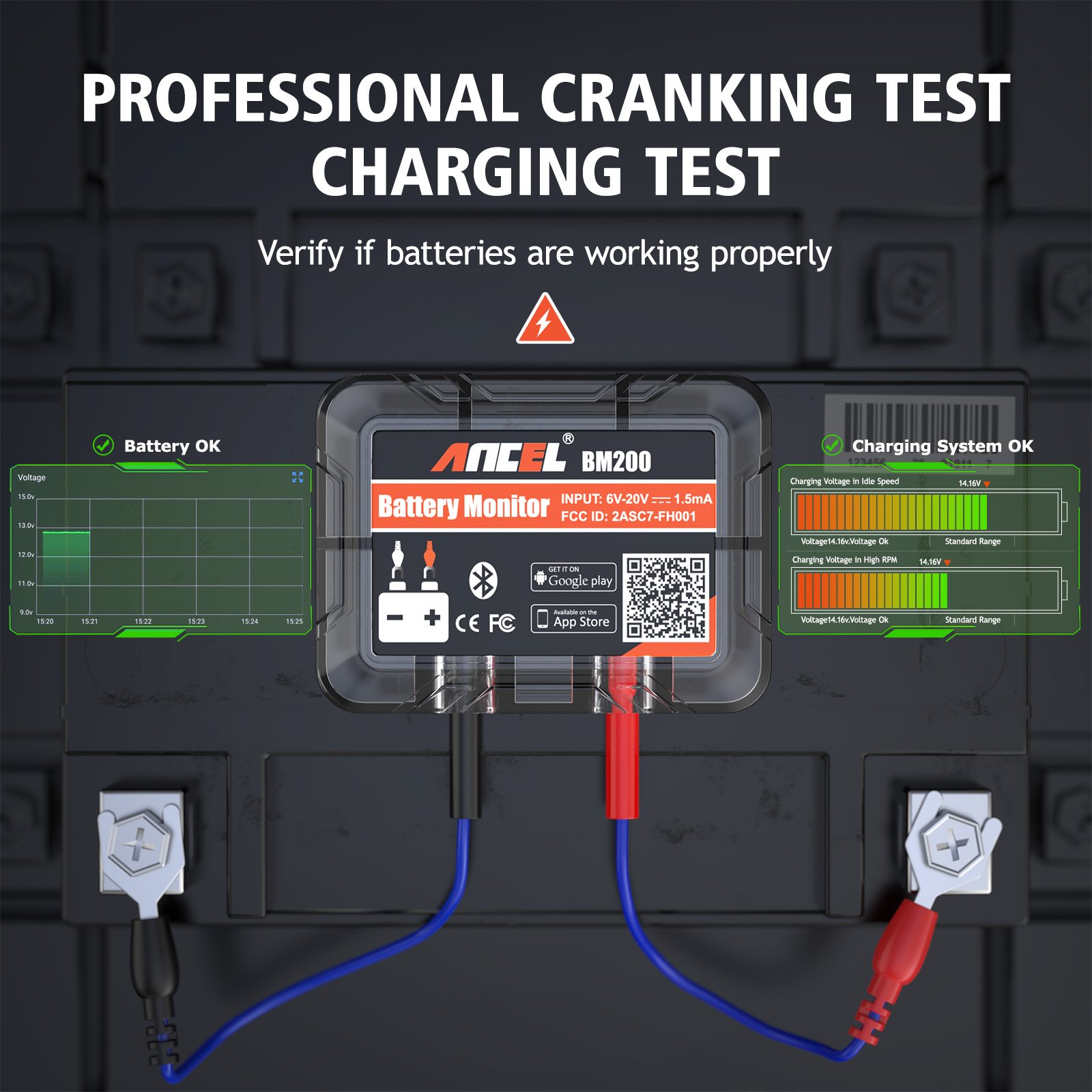 ANCEL BM200 PRO Automotive Display Battery Charging 12V Digital Battery Health Monitor Cranking Voltage Test Car Battery Tester