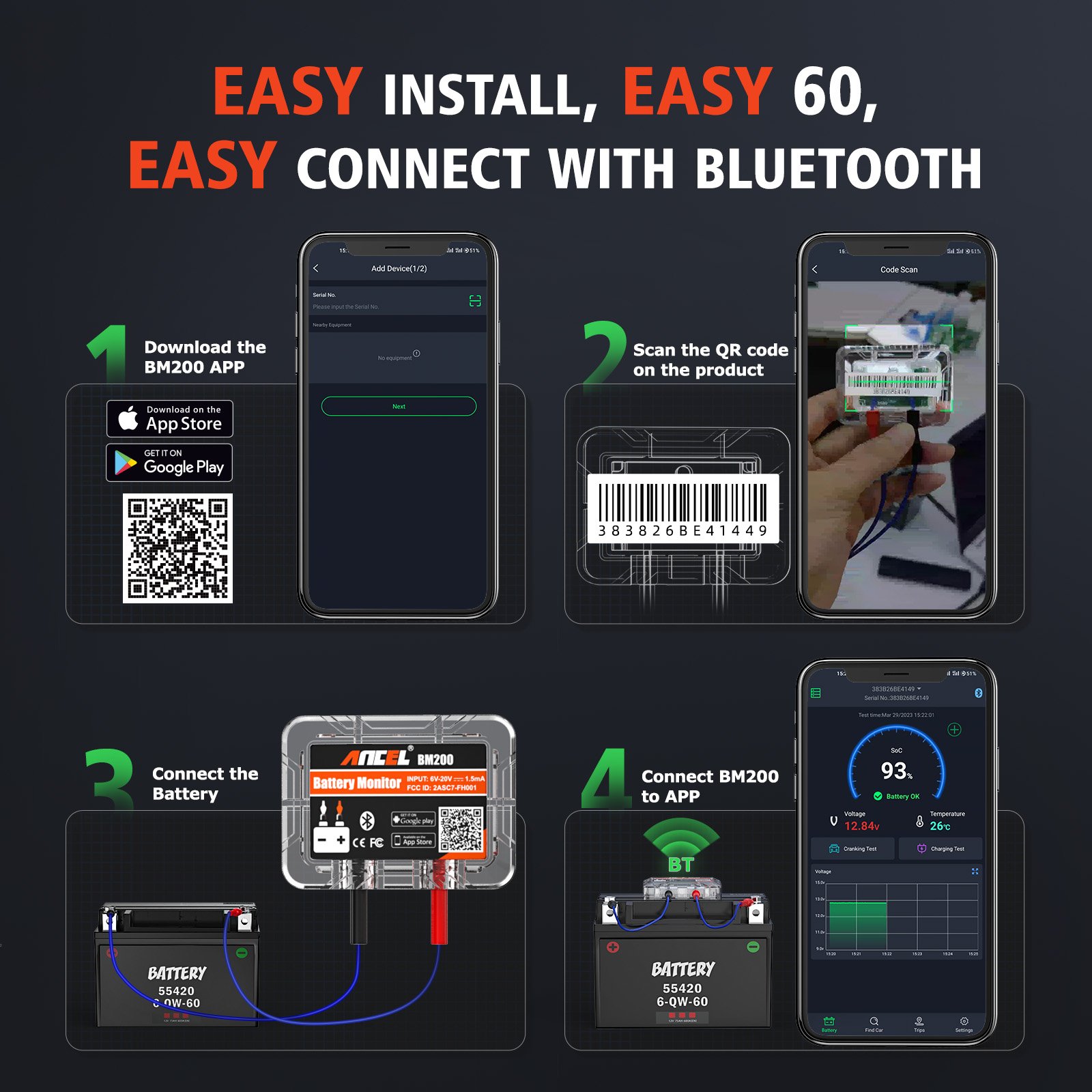 ANCEL BM200 PRO Automotive Display Battery Charging 12V Digital Battery Health Monitor Cranking Voltage Test Car Battery Tester
