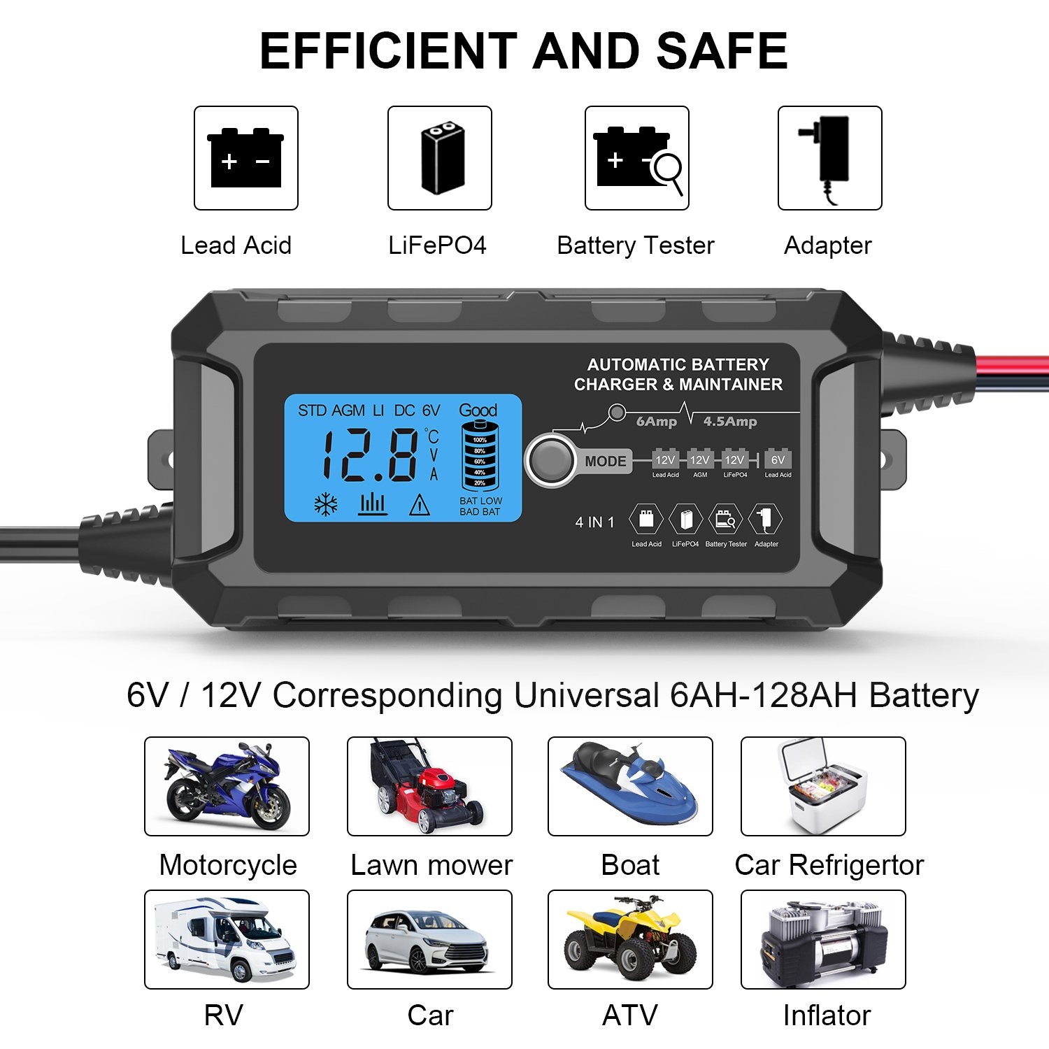 Full Automatic Car Battery Charger 110V To 220V To 12V 6A LCD Smart Fast for Auto Motorcycle Lead Acid Battery Charger