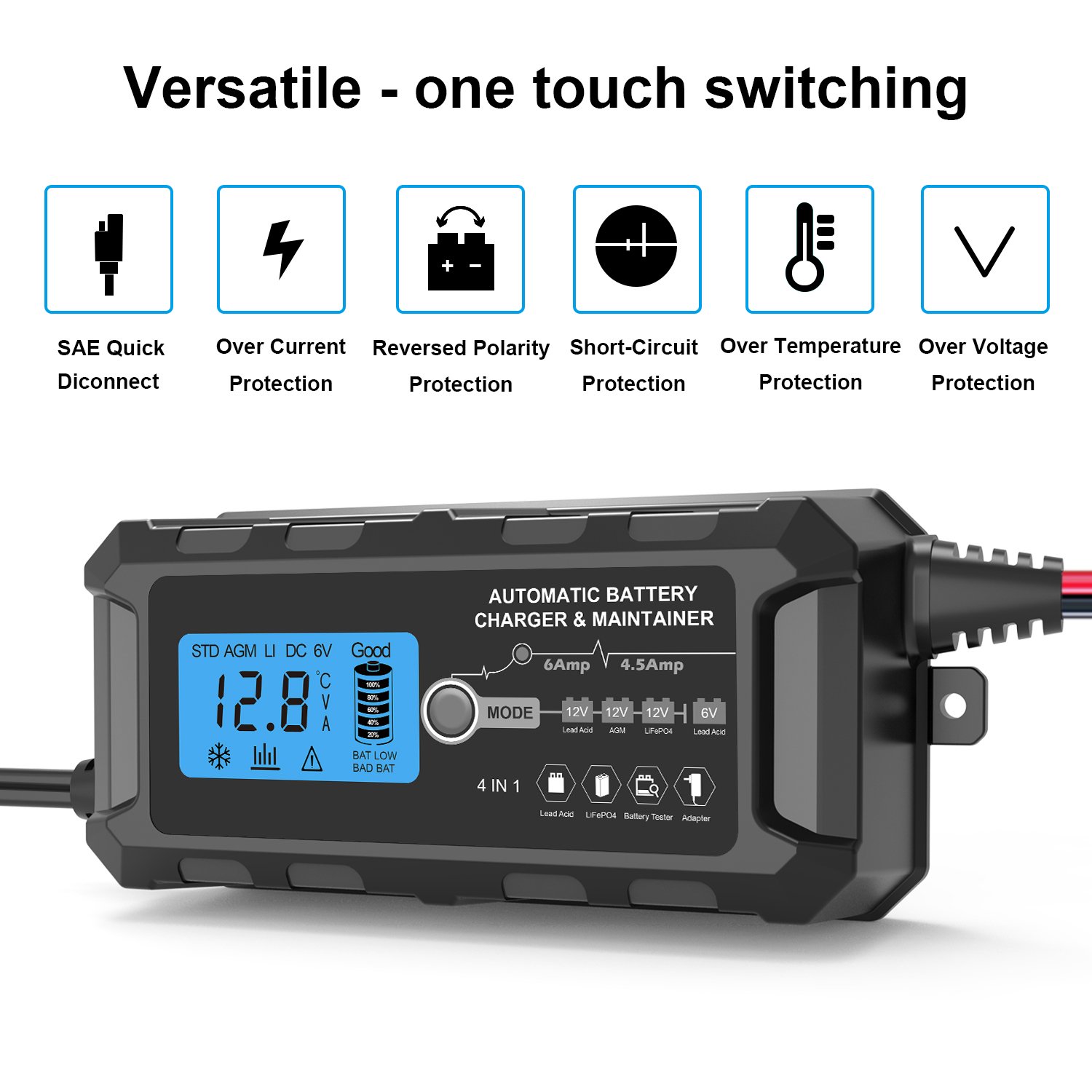 Full Automatic Car Battery Charger 110V To 220V To 12V 6A LCD Smart Fast for Auto Motorcycle Lead Acid Battery Charger