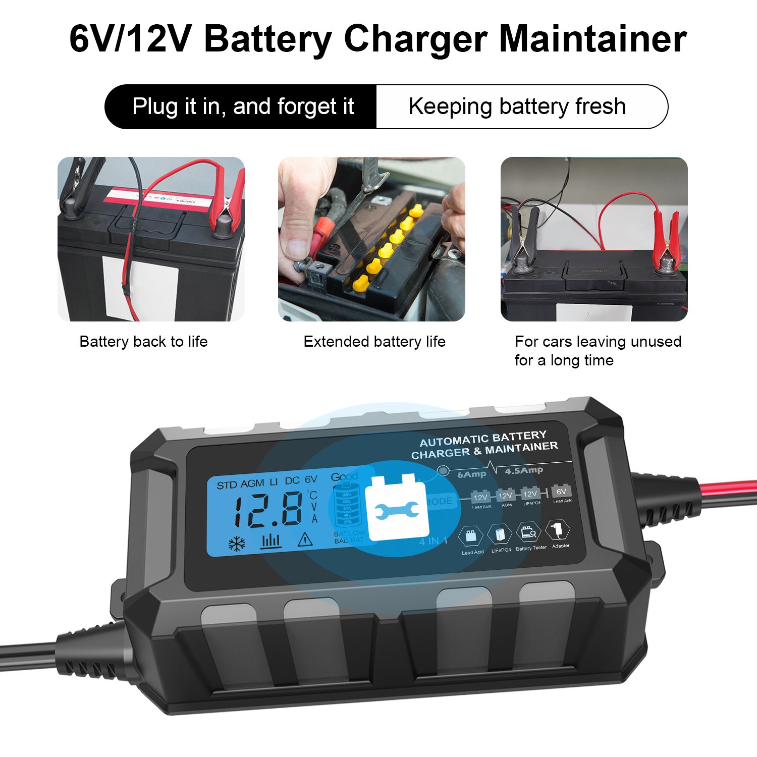Full Automatic Car Battery Charger 110V To 220V To 12V 6A LCD Smart Fast for Auto Motorcycle Lead Acid Battery Charger