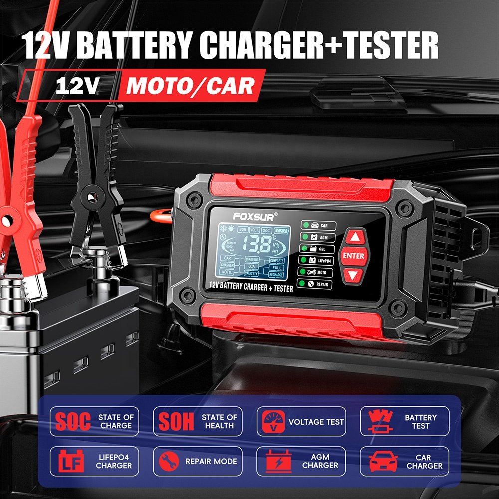 FOXSUR FTC-1206 2in1 Smart Car Battery Charger Automobile Car Battery Tester Support 12V 6A Battery Voltage