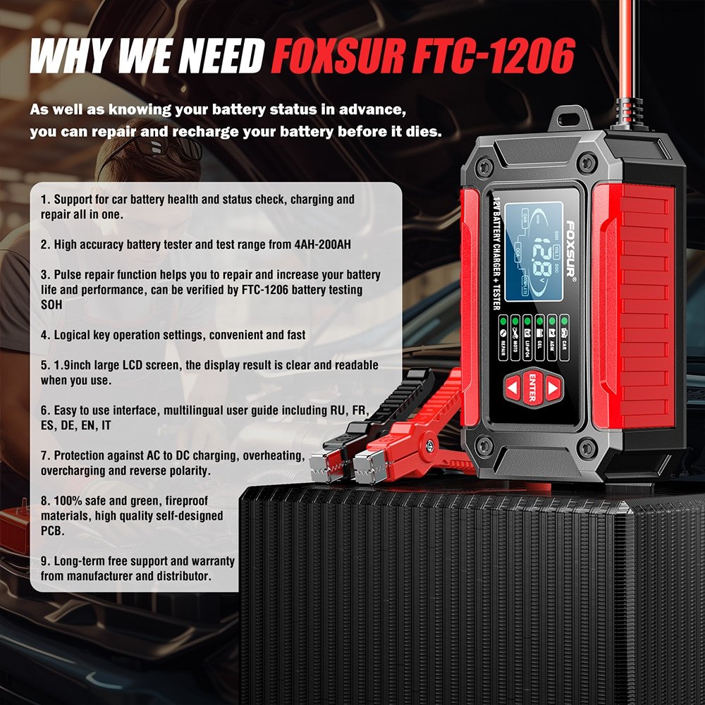 FOXSUR FTC-1206 2in1 Smart Car Battery Charger Automobile Car Battery Tester Support 12V 6A Battery Voltage