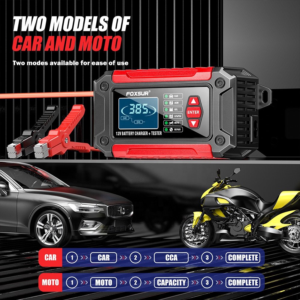 FOXSUR FTC-1206 2in1 Smart Car Battery Charger Automobile Car Battery Tester Support 12V 6A Battery Voltage