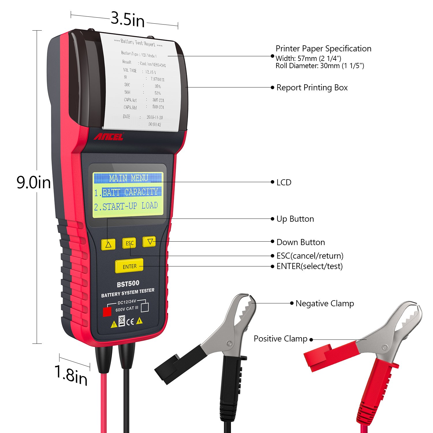 Ancel BST500 12V 24V Automotive Battery Analyzer Professional Car Battery Tester Built-in Printer Universal Car Battery Tester