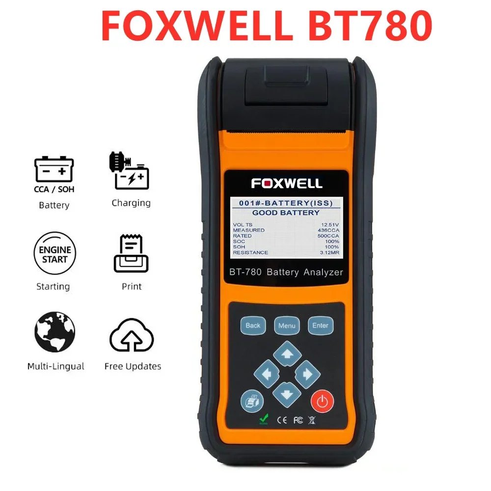 FOXWELL BT780 12V Battery Tester 0-1000A Car AGM GEL EBP Batteries Analyzer Built-in Printer 12V-24V Starting Charging System