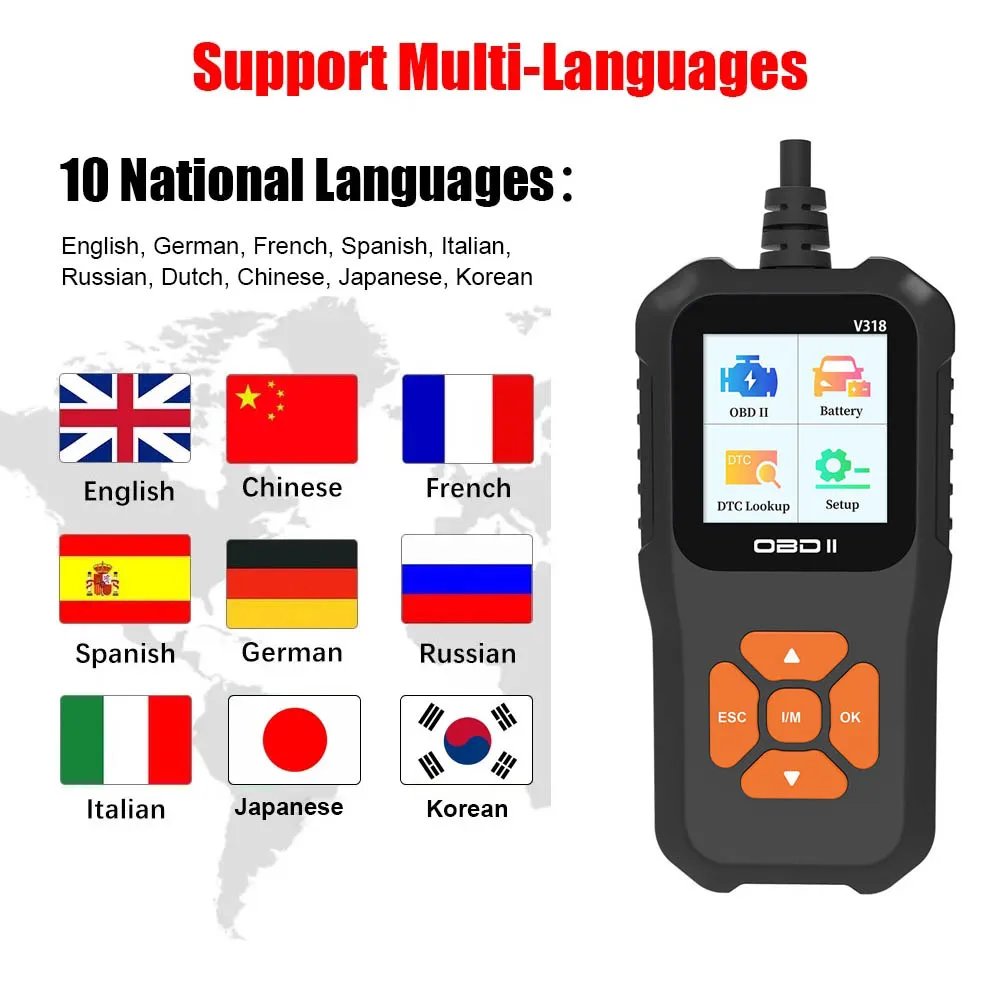 V318 Auto Diagnostic Tool Scanner Automobile Battery Tester OBD2 Fault Detects Support Multiple Languages