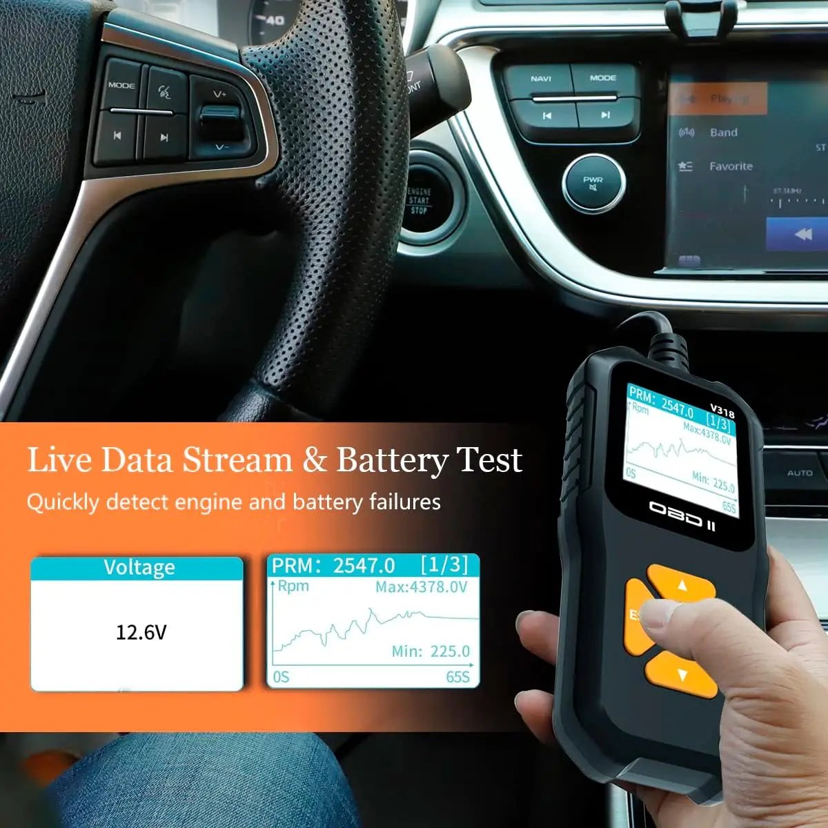 V318 Auto Diagnostic Tool Scanner Automobile Battery Tester OBD2 Fault Detects Support Multiple Languages