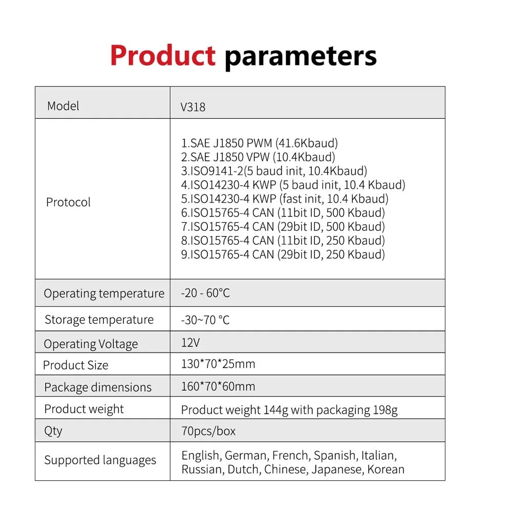 V318 Auto Diagnostic Tool Scanner Automobile Battery Tester OBD2 Fault Detects Support Multiple Languages