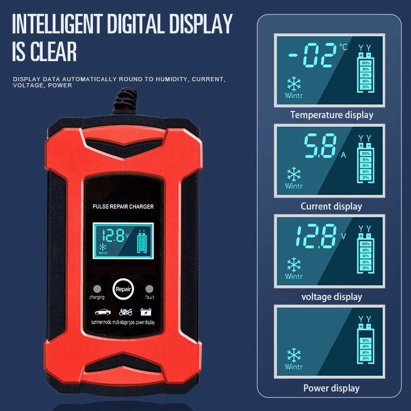 LCD Color Display ET2215 12-15.5V Motorcycles Cars SUVs Trucks Battery Charger For Dry & Lead-Acid & AGM & GEL & SLA Battery