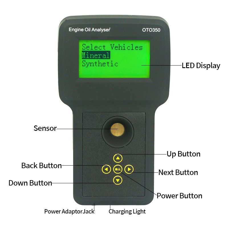 Engine Oil Tester OTO350 Oil Quality Detector ABS Engine Oil Analyzer LED Display Rechargeable for Diesel Gasoline Engine