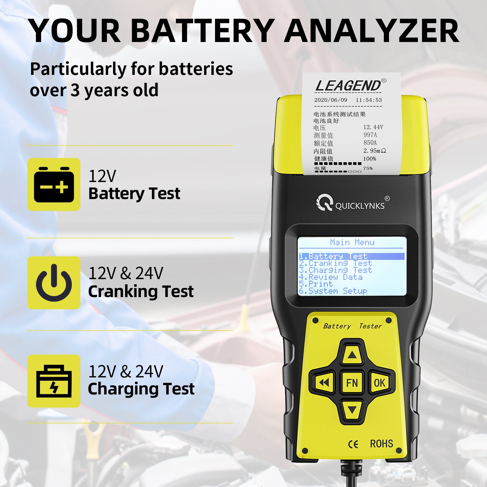 New hot sale Car Battery Tester 12V 24V DC Charger Analyzer Capacity Load Tester Cranking System Test BA1000