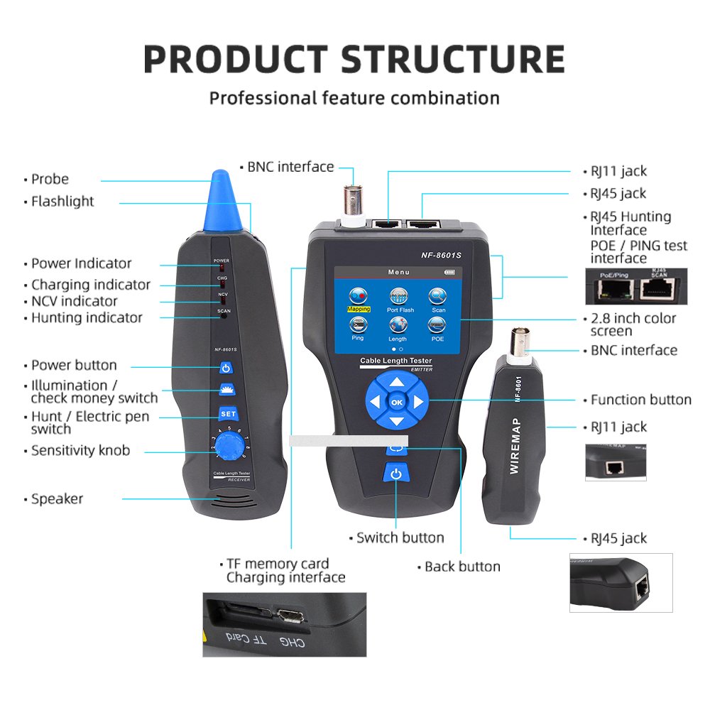 NF-8601S TDR Network Cable Tester with PoE/Port Flash/PING function