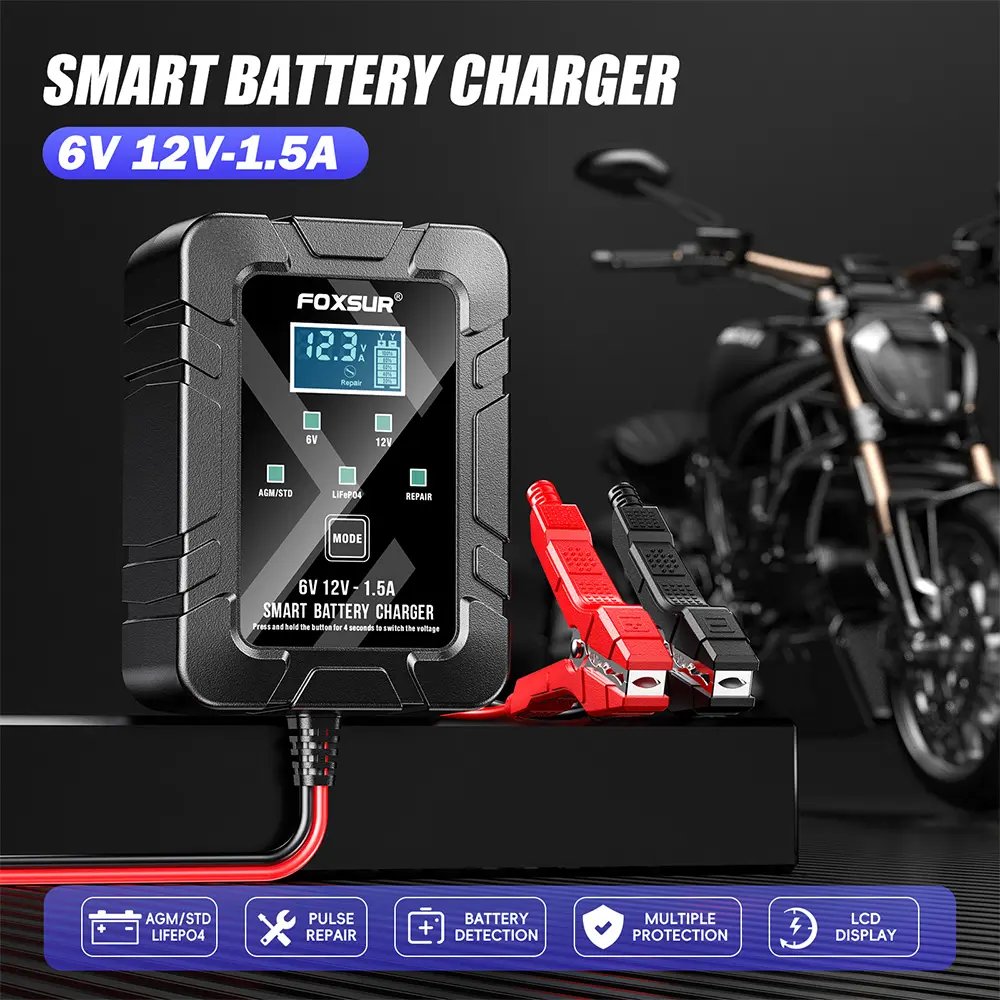 Universal Foxsur 12V Battery Charger 6V 1.5A Automatic Smart Dropshipping Products 12 Volt Motorcycle Car Battery Charger