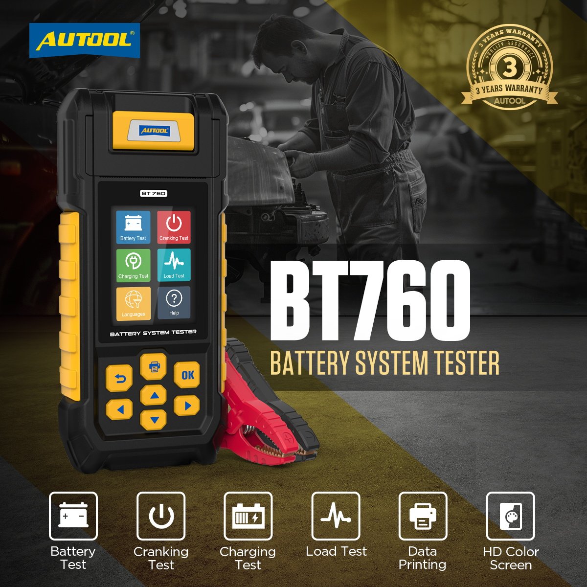 AUTOOL BT760 Hot Sale Color Screen Car AGM GEL Battery Tester with Printer 6- 32V Load Battery Analyzer Tester
